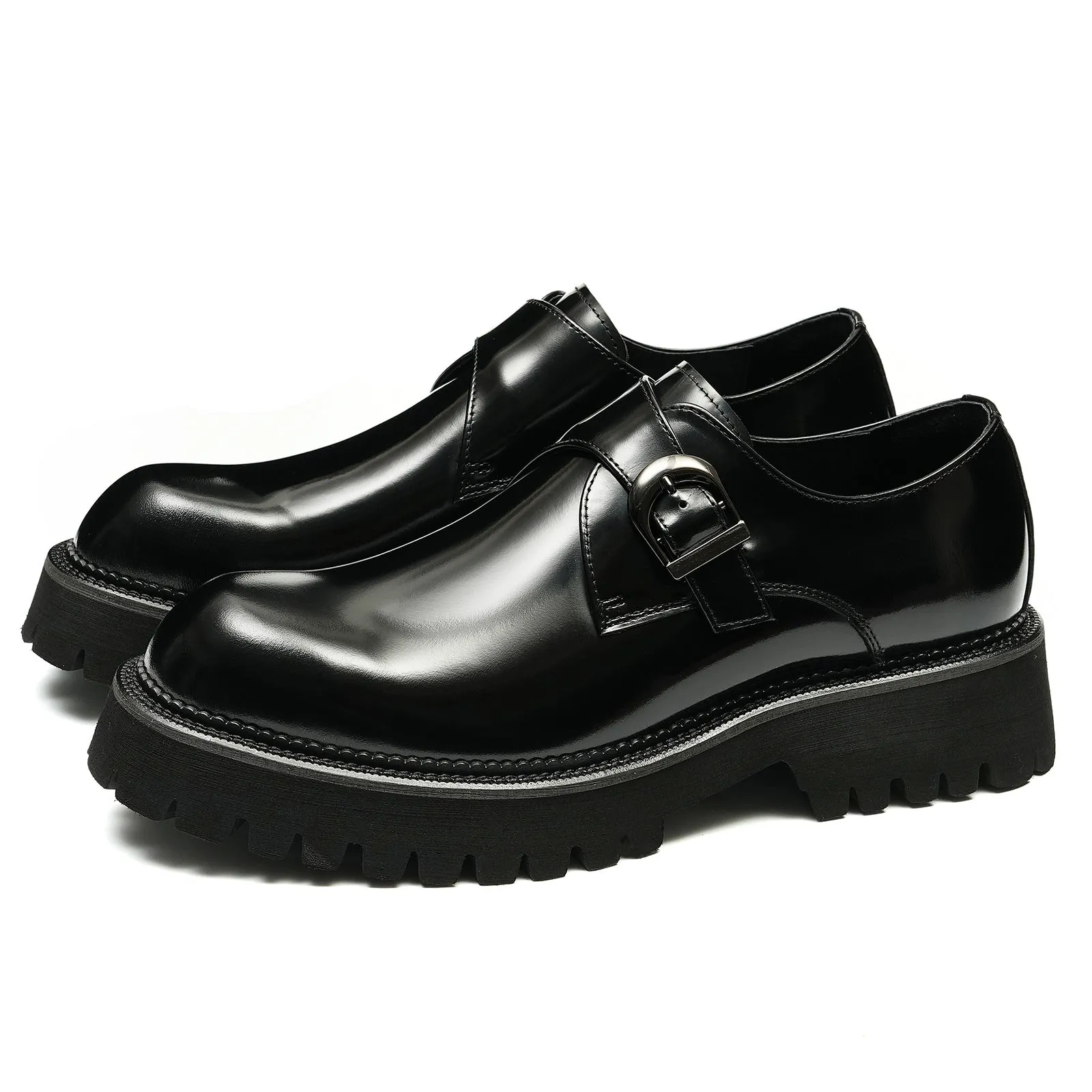 Men's Thick-Soled Leather Shoes British Business Casual Leather Buckle Monk Shoes British Pointed Glossy Dress Shoes23681