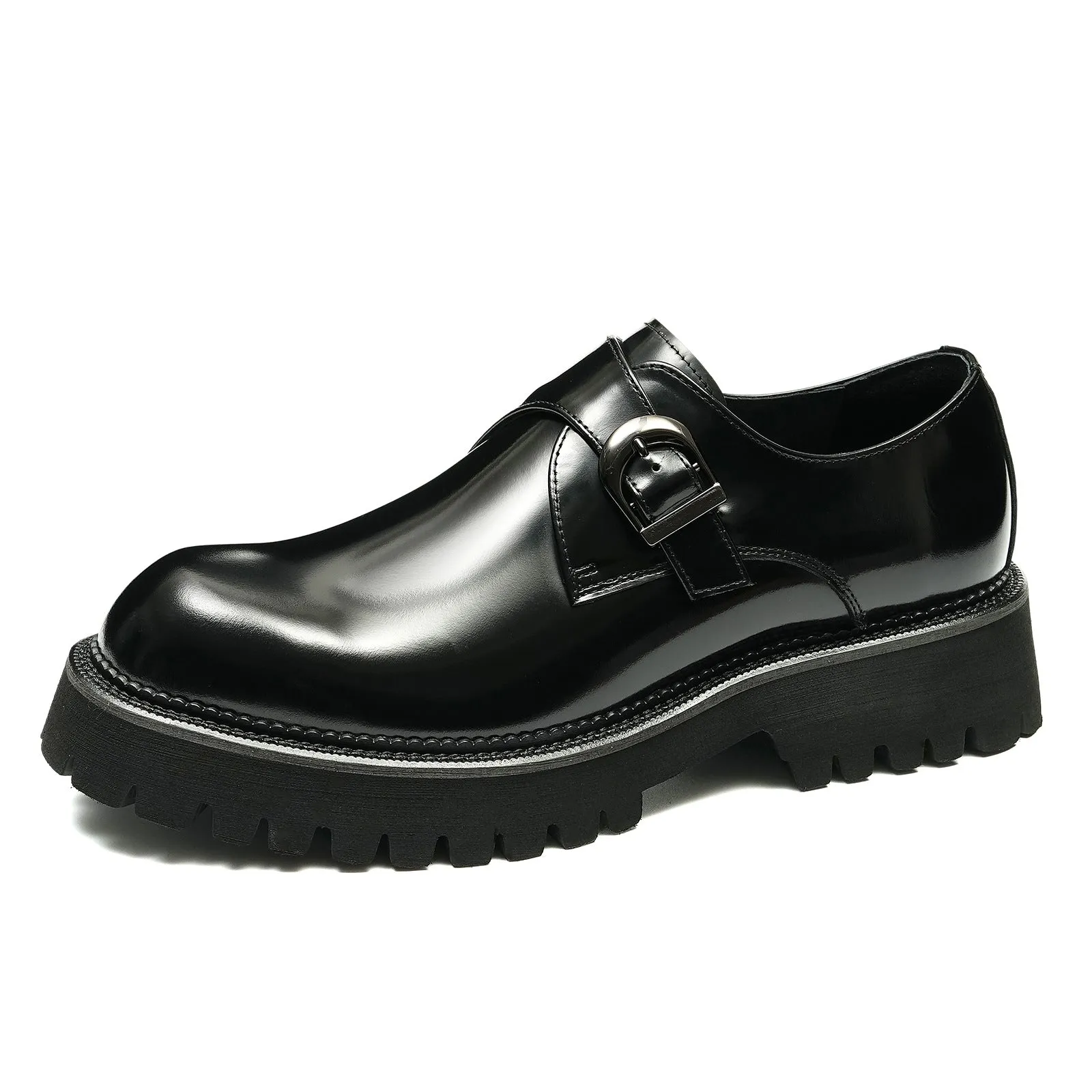 Men's Thick-Soled Leather Shoes British Business Casual Leather Buckle Monk Shoes British Pointed Glossy Dress Shoes23681