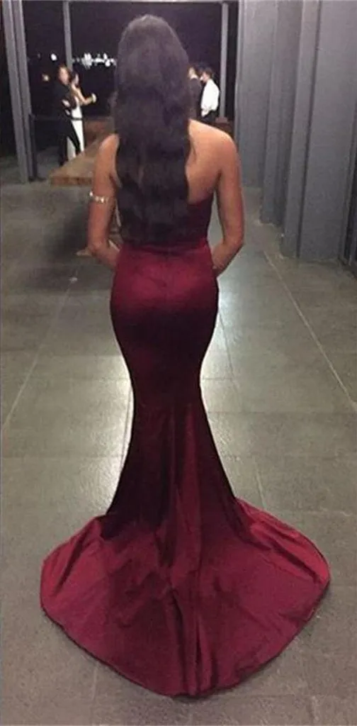 Mermaid Strapless Side Slit Prom Dresses Online Sheath Burgundy Evening Dresses For Women