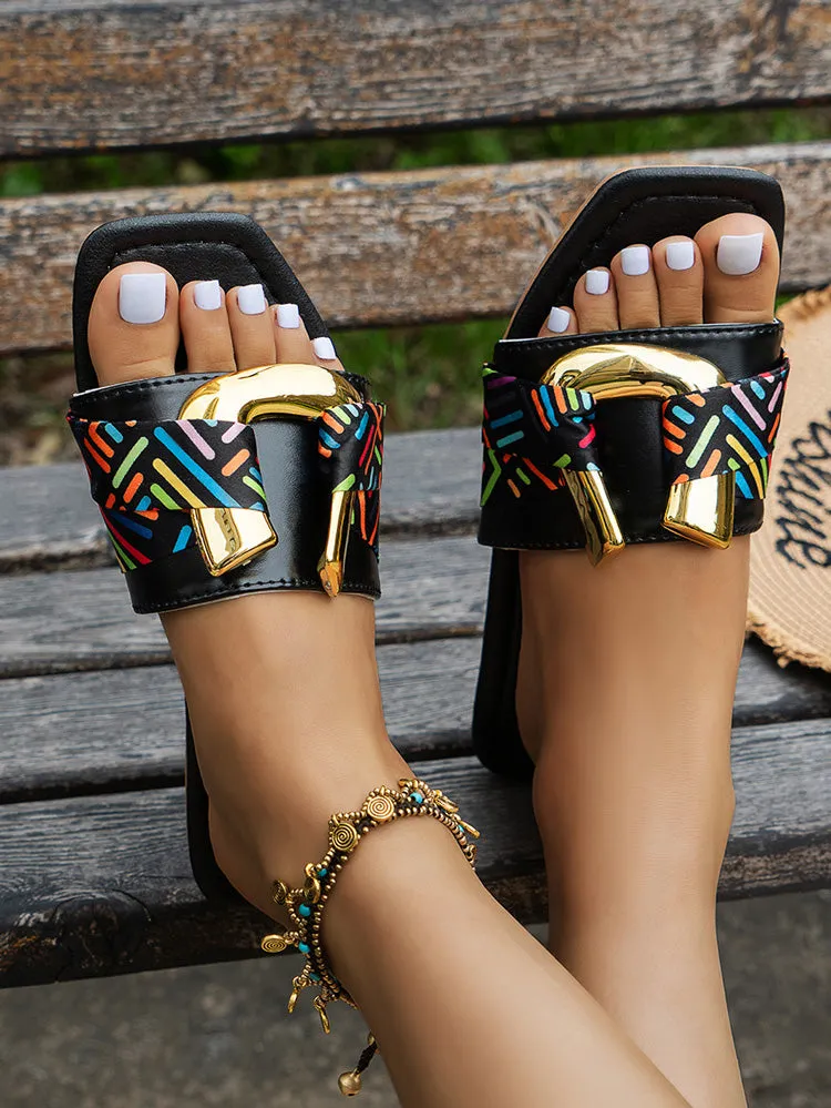 Metal U-Pattern Square Toe Slippers