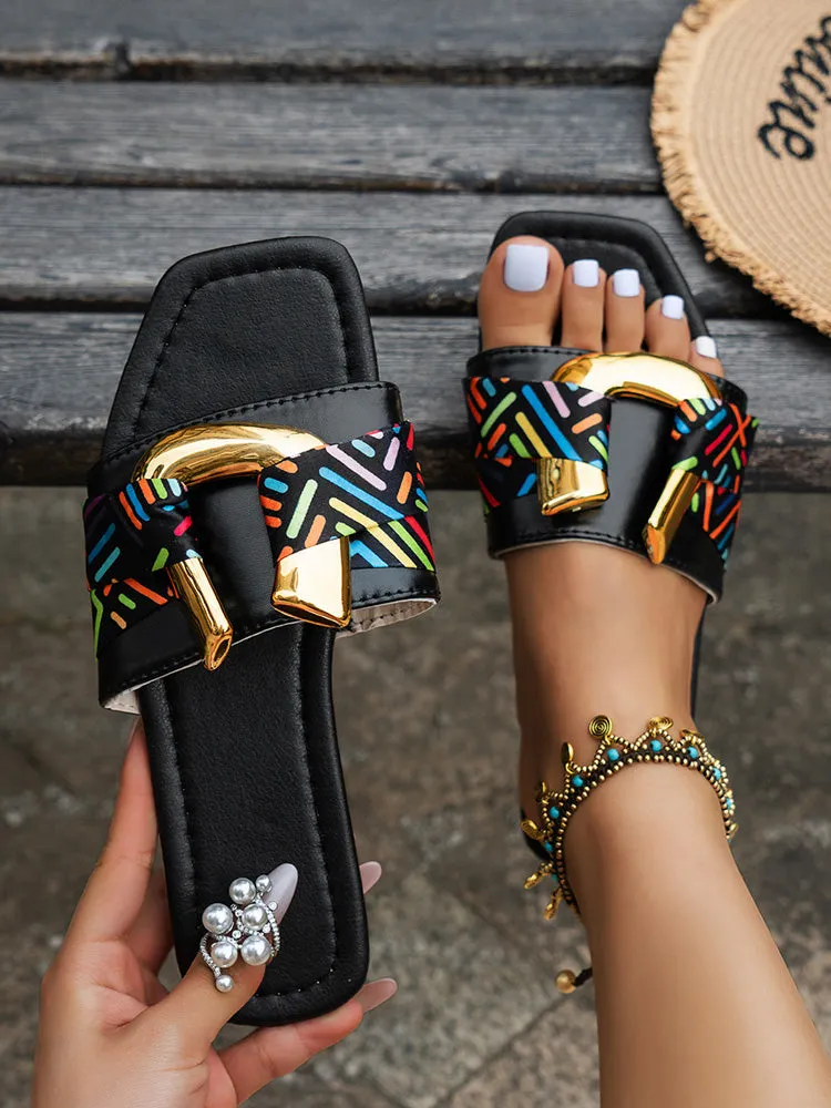 Metal U-Pattern Square Toe Slippers