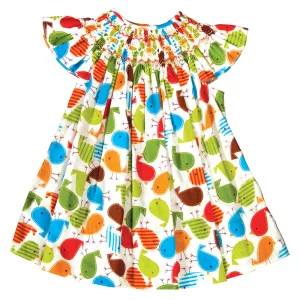 Multi Colored Songbird Print English Smocked Bishop