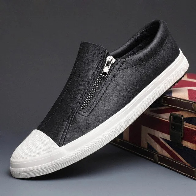 New Men's Vulcanize Shoes Spring Autumn Leisure Pu Leather Shoes Fashion Side Zip Designer Sneaker Men Wear-resistant Shoes