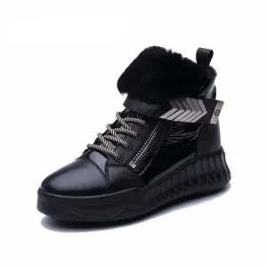 new winter leather natural wool women's shoes leather slip-resistant platform shoes black short boots