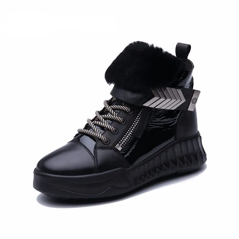 new winter leather natural wool women's shoes leather slip-resistant platform shoes black short boots