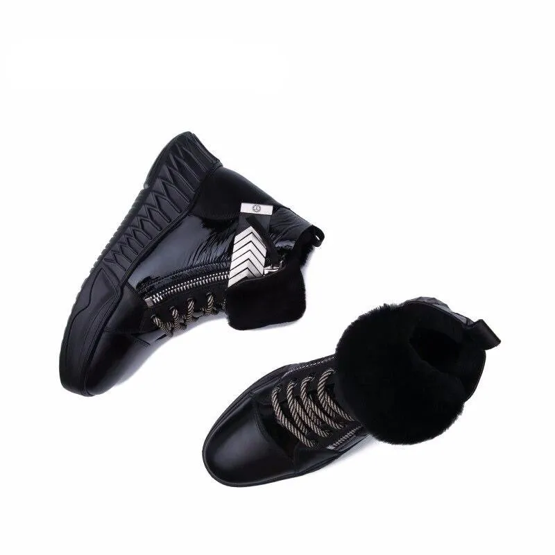 new winter leather natural wool women's shoes leather slip-resistant platform shoes black short boots
