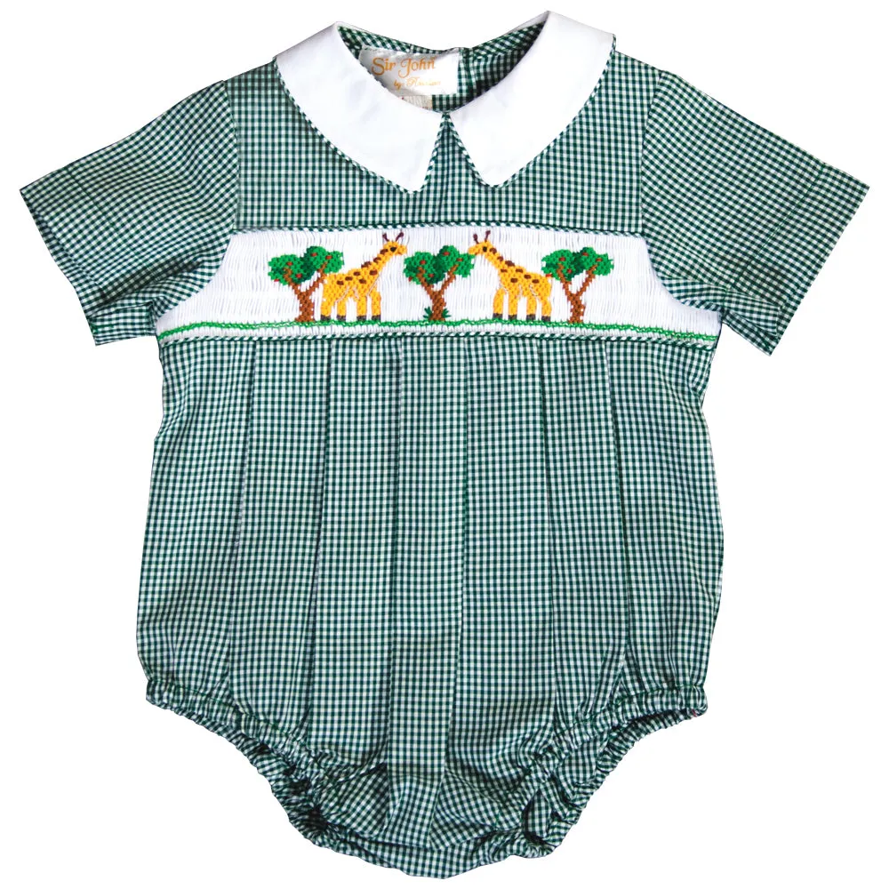 Nibbling Giraffes Green Gingham Smocked Boy Bubble