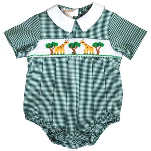 Nibbling Giraffes Green Gingham Smocked Boy Bubble