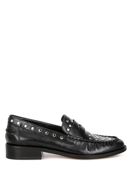 Oglavia Stud Embellished Black Genuine Leather Loafers