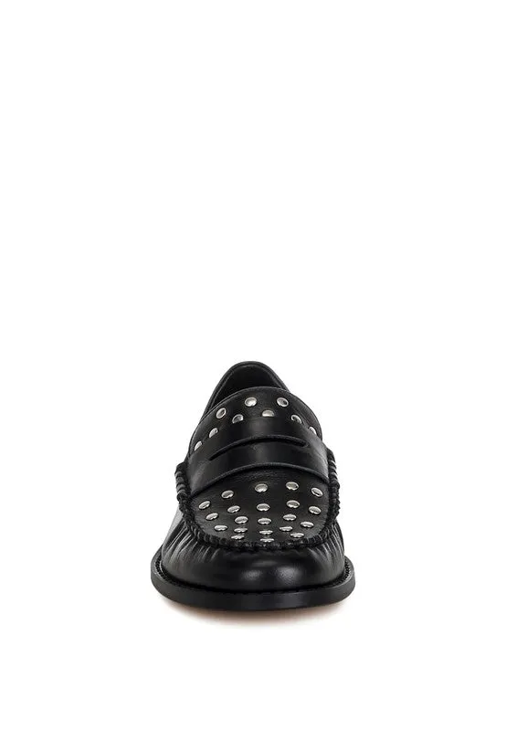Oglavia Stud Embellished Black Genuine Leather Loafers