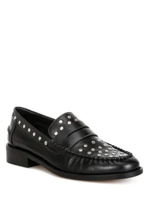 Oglavia Stud Embellished Black Genuine Leather Loafers