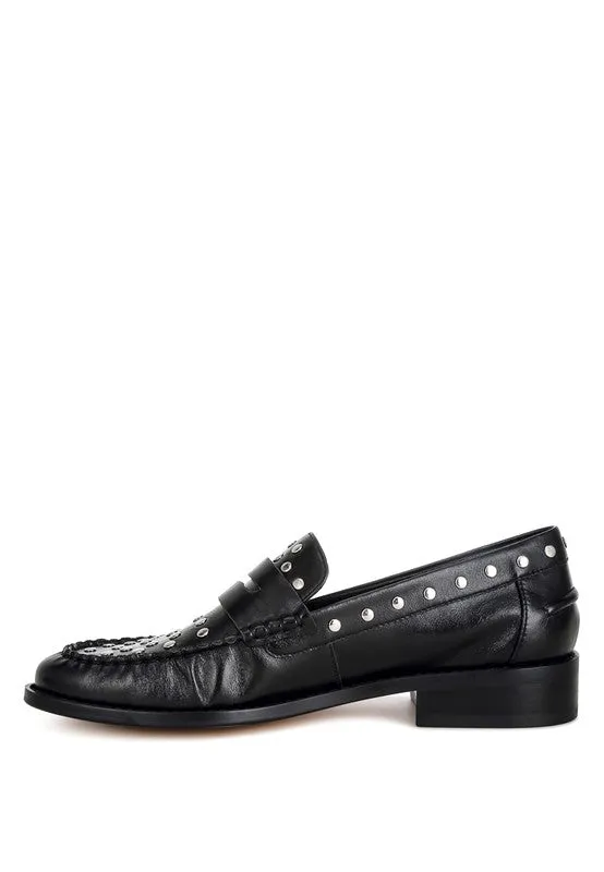 Oglavia Stud Embellished Black Genuine Leather Loafers