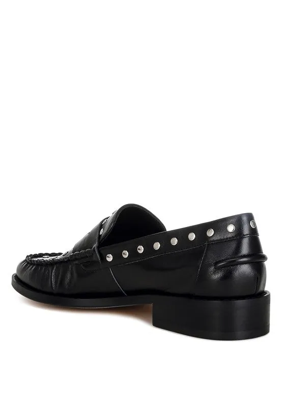 Oglavia Stud Embellished Black Genuine Leather Loafers