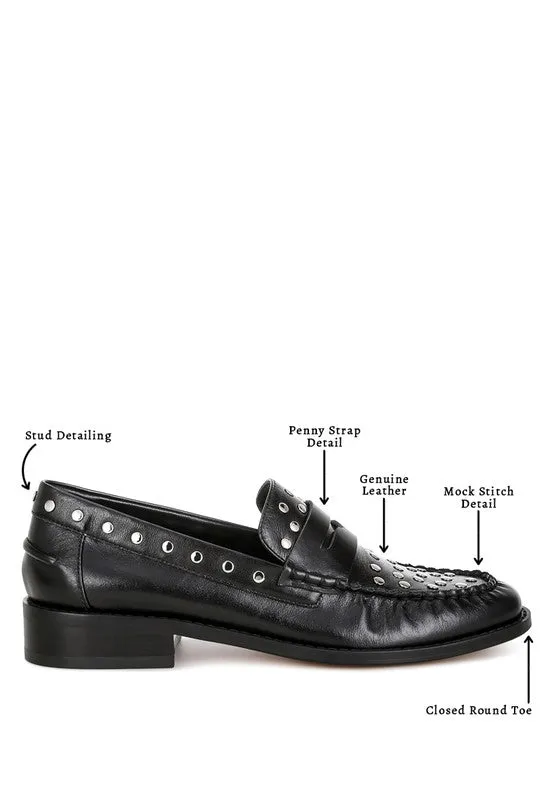 Oglavia Stud Embellished Black Genuine Leather Loafers
