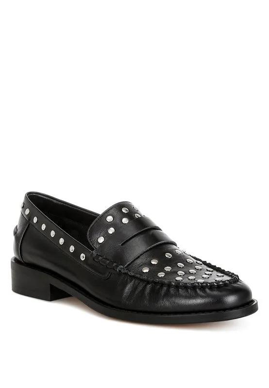 Oglavia Stud Embellished Black Genuine Leather Loafers