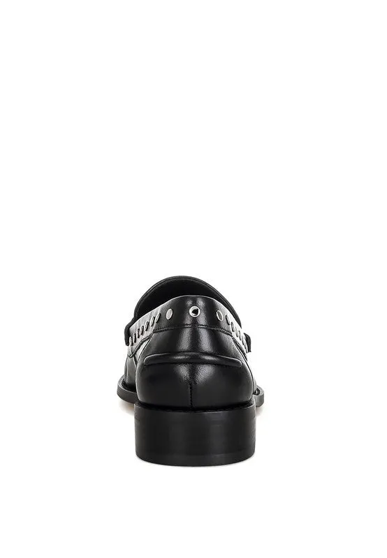 Oglavia Stud Embellished Black Genuine Leather Loafers