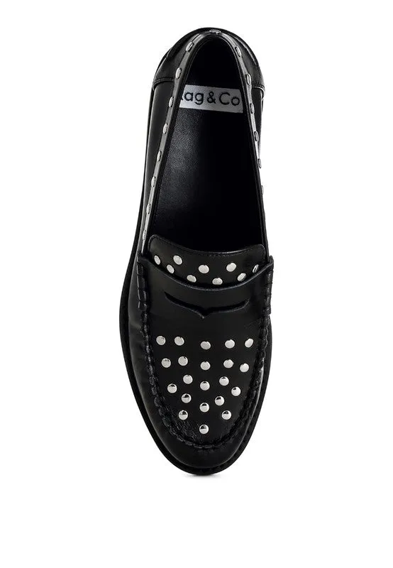 Oglavia Stud Embellished Black Genuine Leather Loafers
