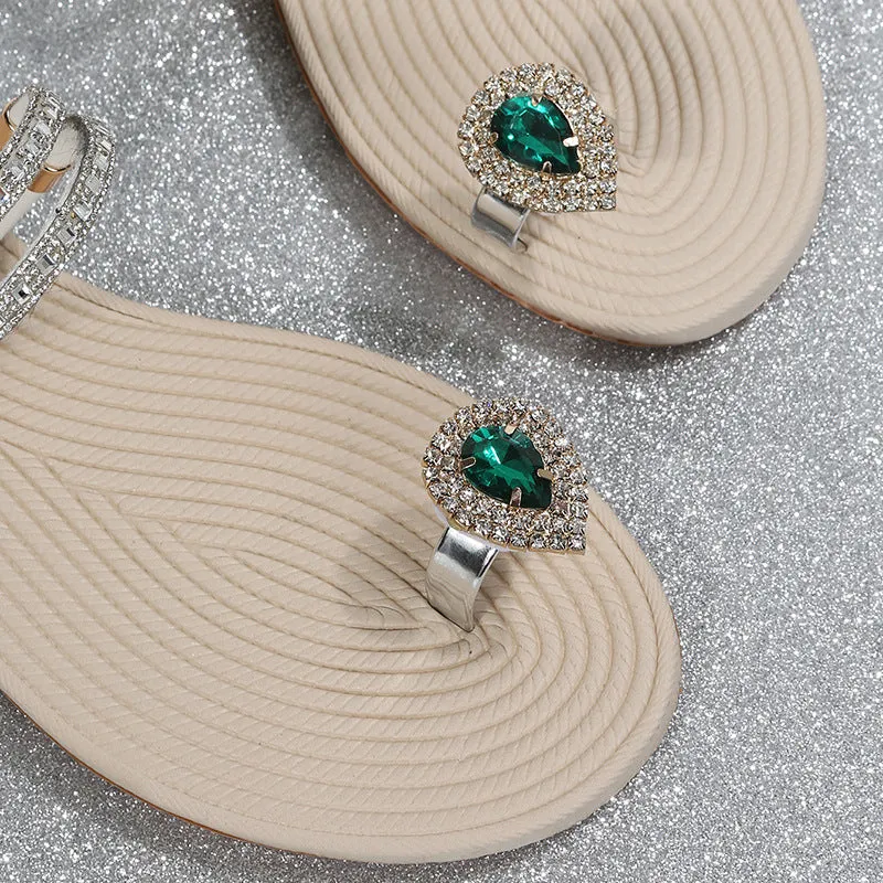 Open Toe 2-Way Beach Soft Sole Slippers With Rhinestones