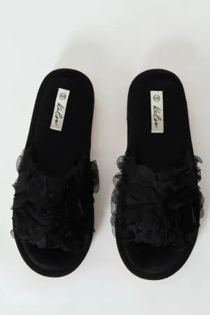 Open Toe Slipper With Floral Upper - Black