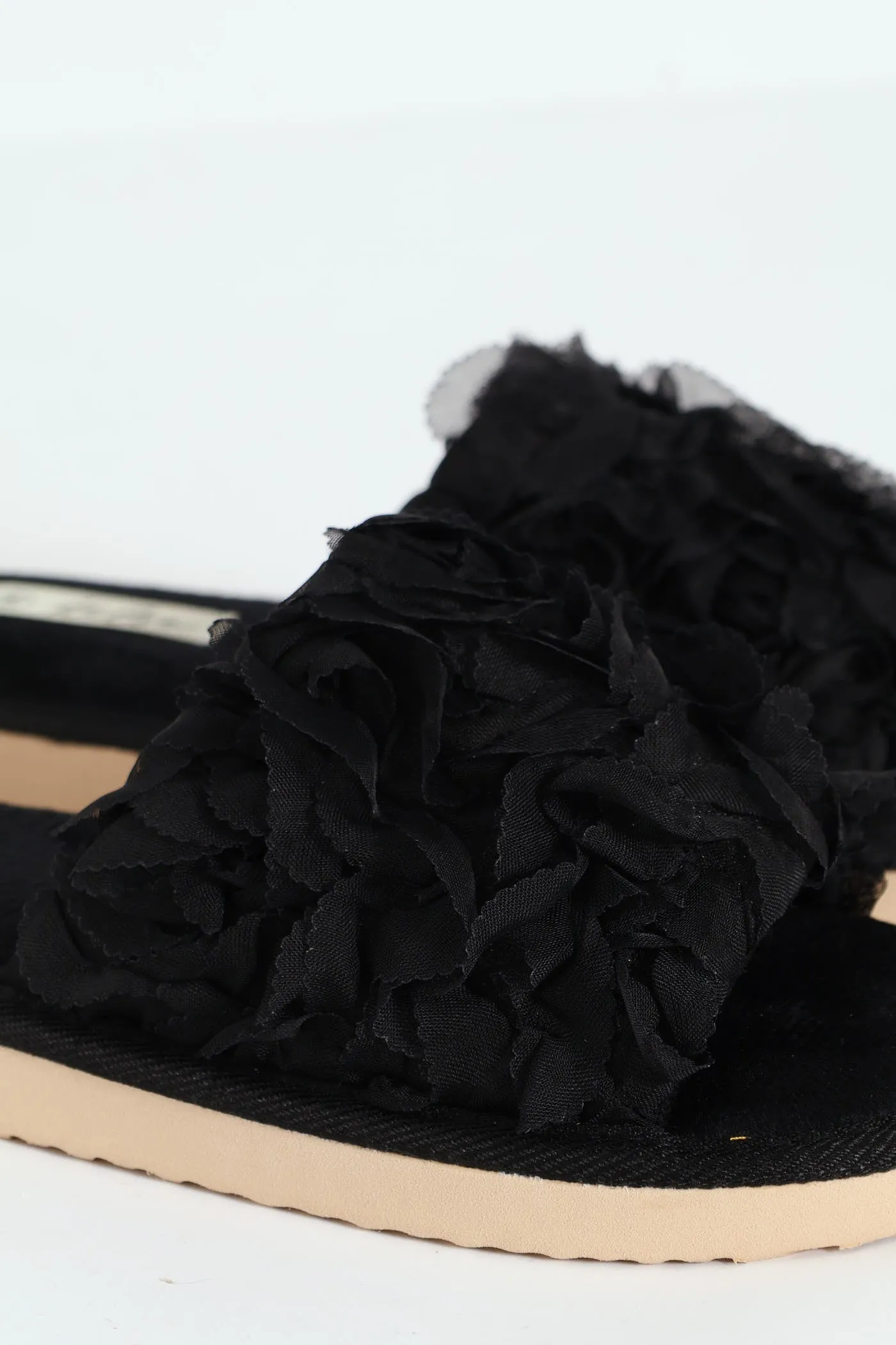 Open Toe Slipper With Floral Upper - Black