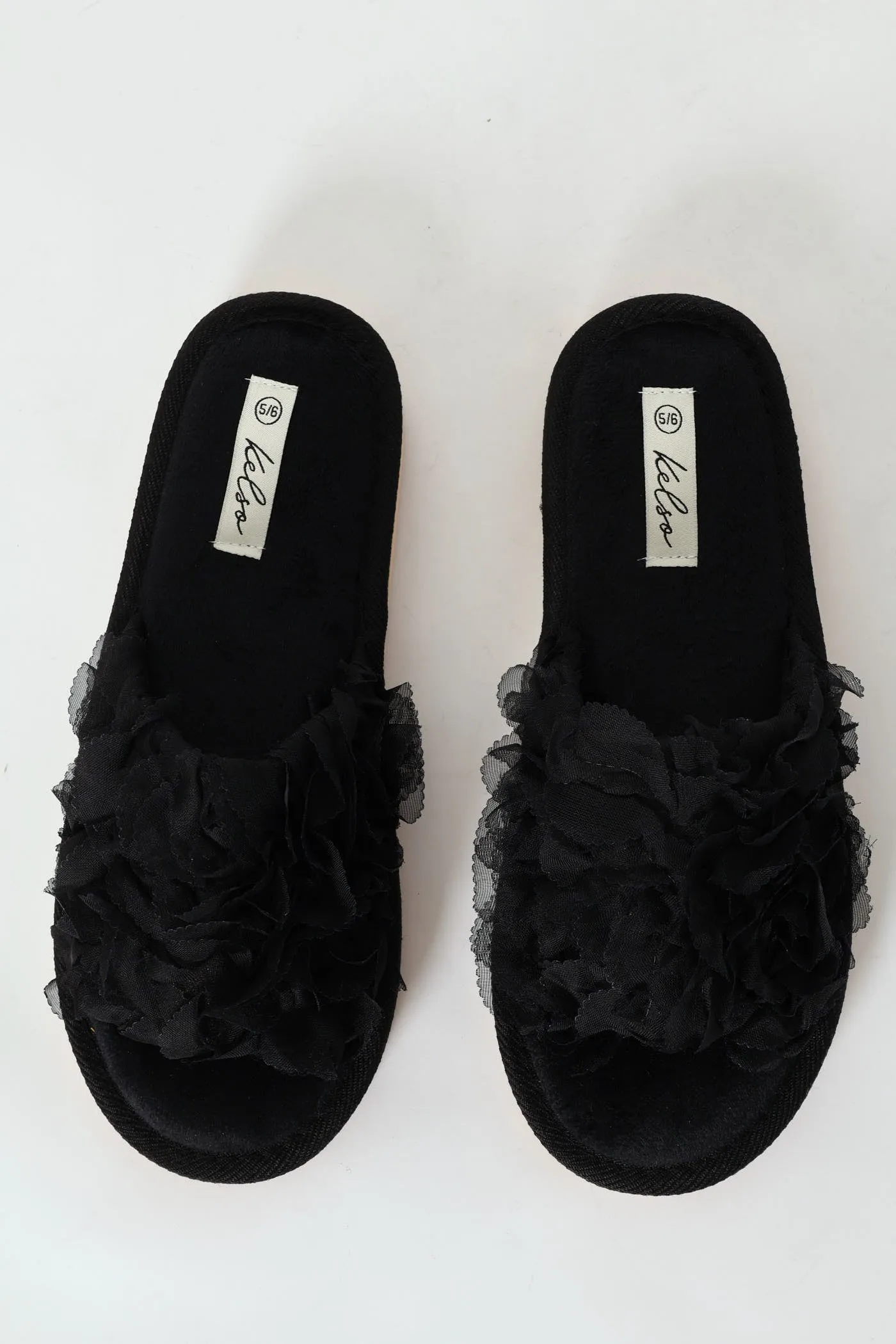 Open Toe Slipper With Floral Upper - Black