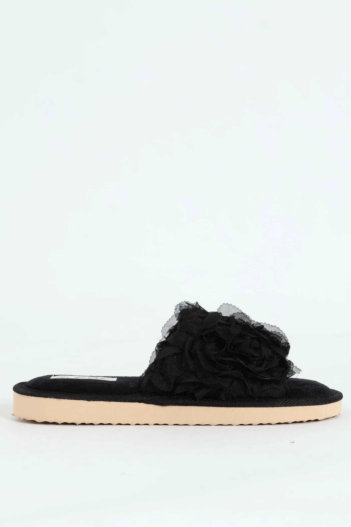 Open Toe Slipper With Floral Upper - Black