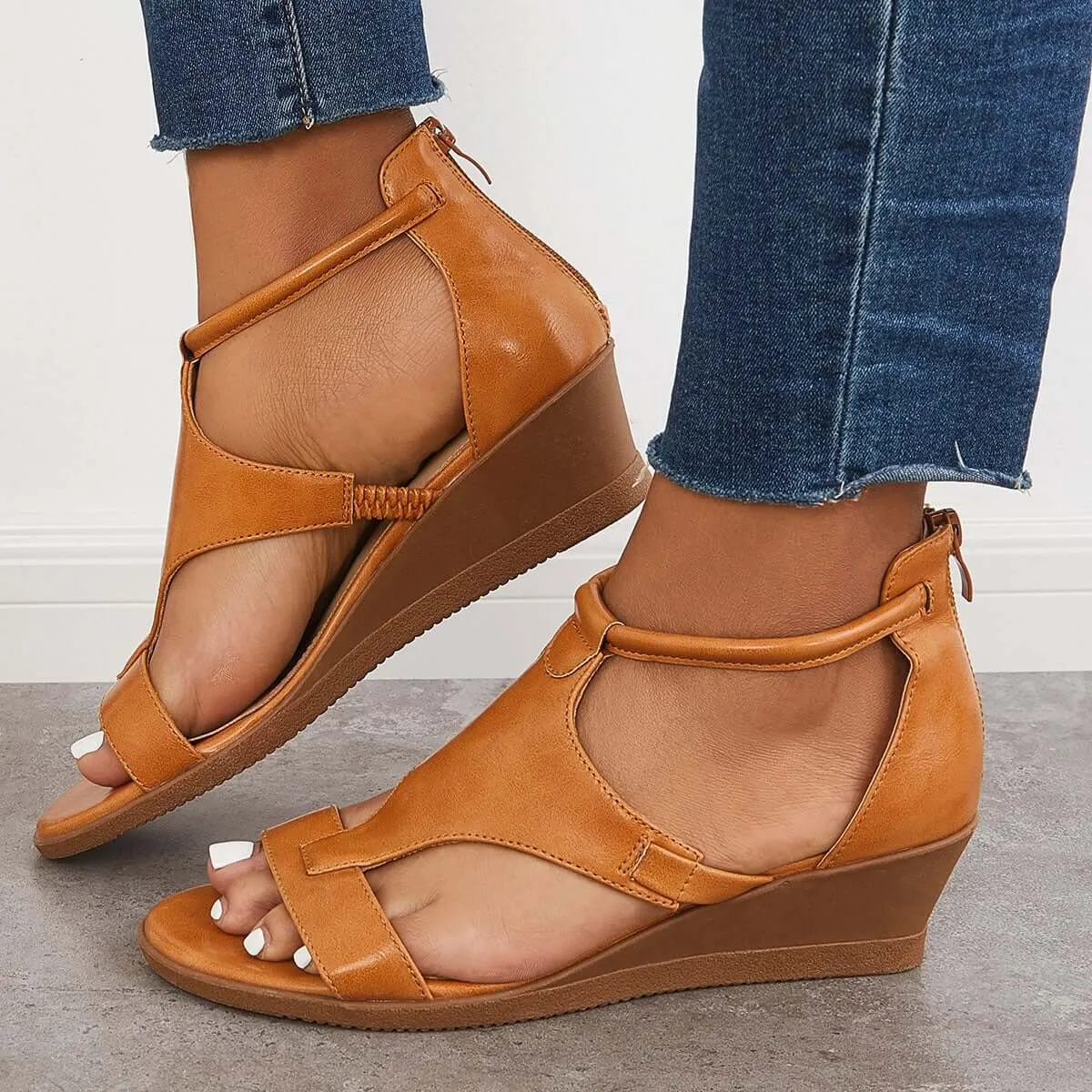 Orthopedic Low Wedge Sandals Back Zipper Ankle Strap Shoes