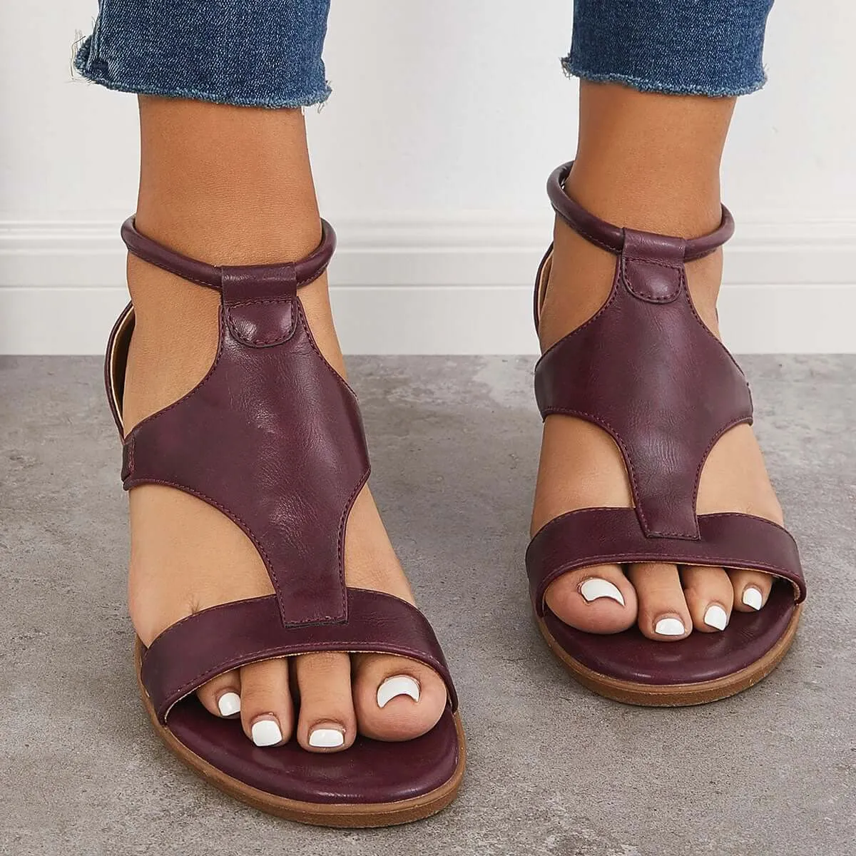 Orthopedic Low Wedge Sandals Back Zipper Ankle Strap Shoes