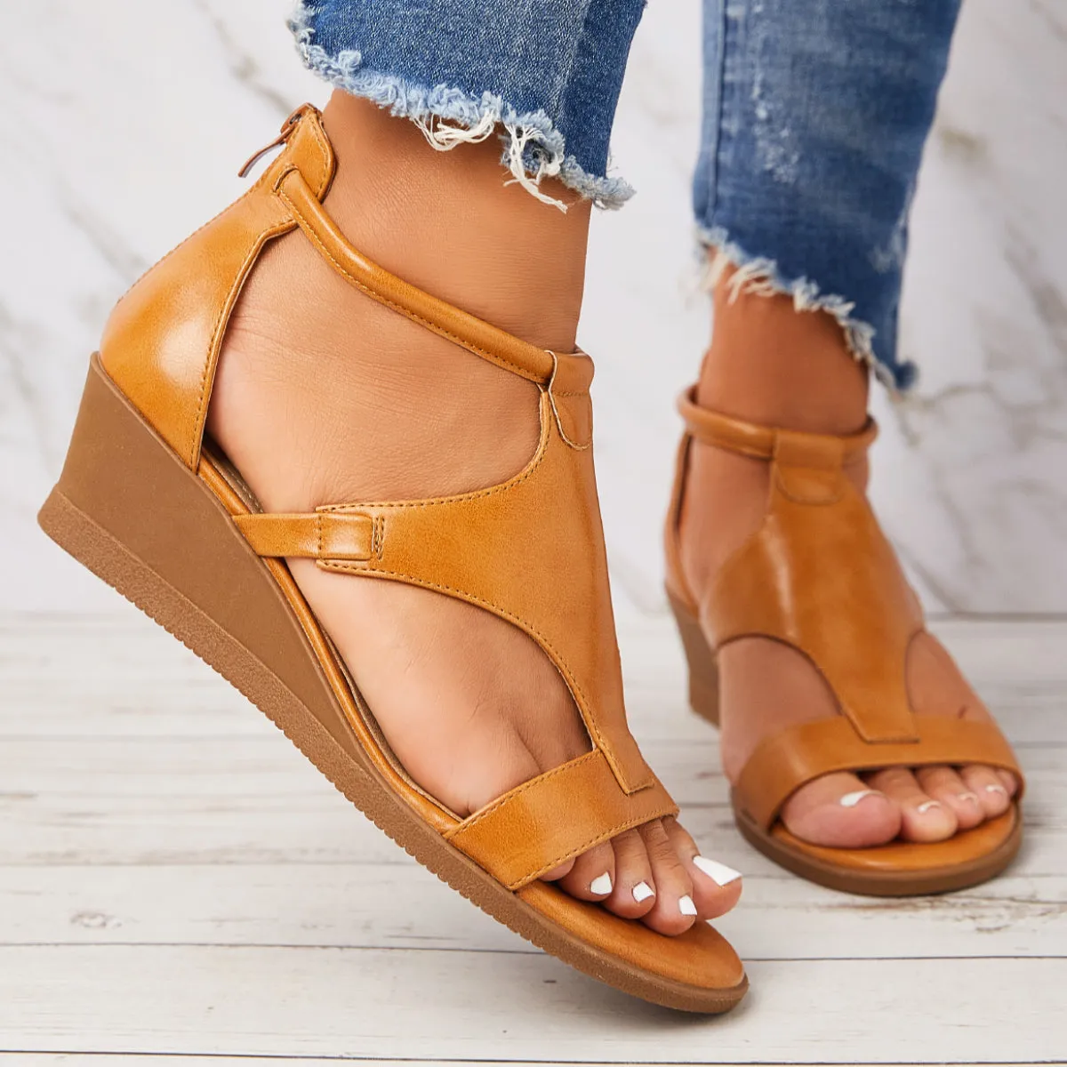 Orthopedic Low Wedge Sandals Back Zipper Ankle Strap Shoes