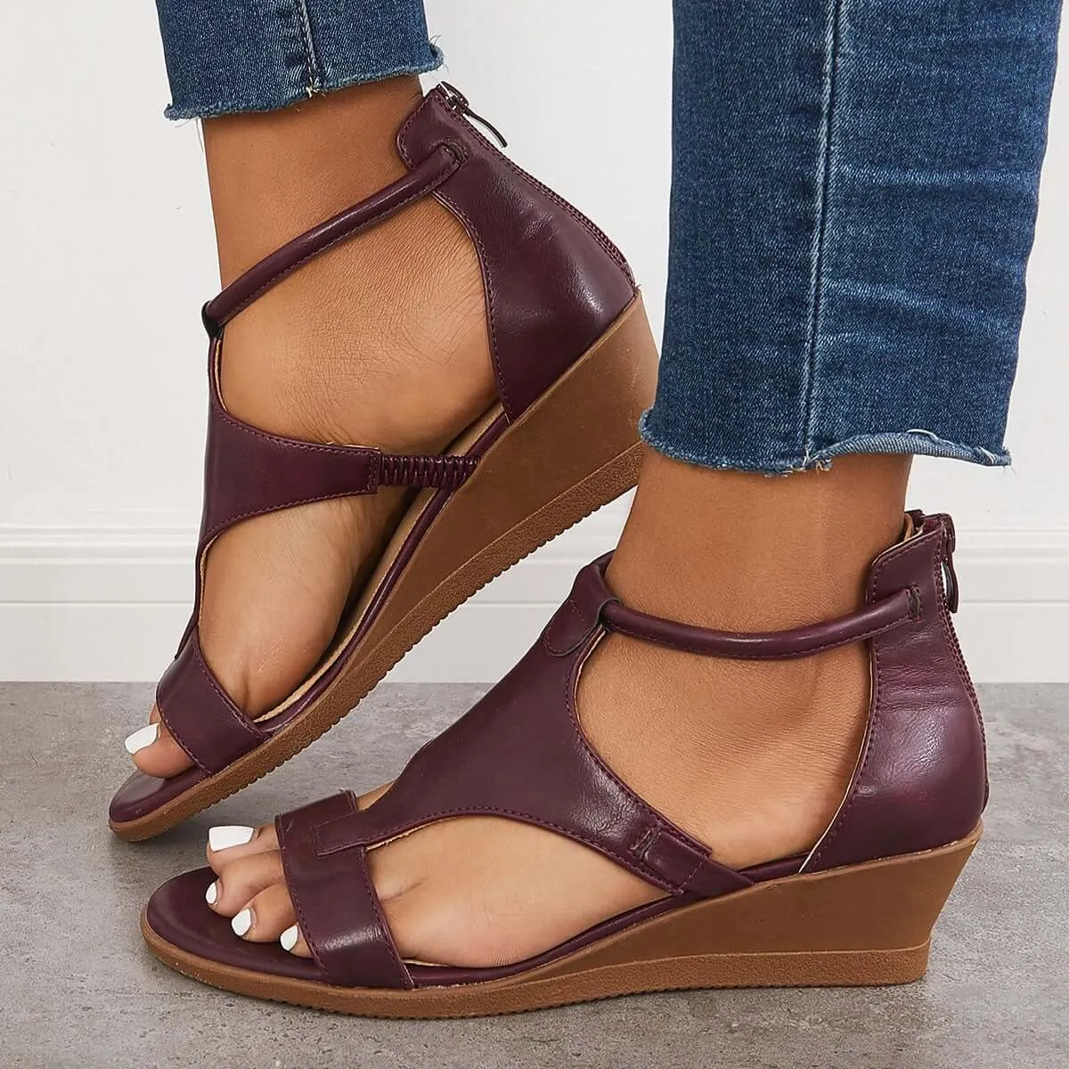Orthopedic Low Wedge Sandals Back Zipper Ankle Strap Shoes