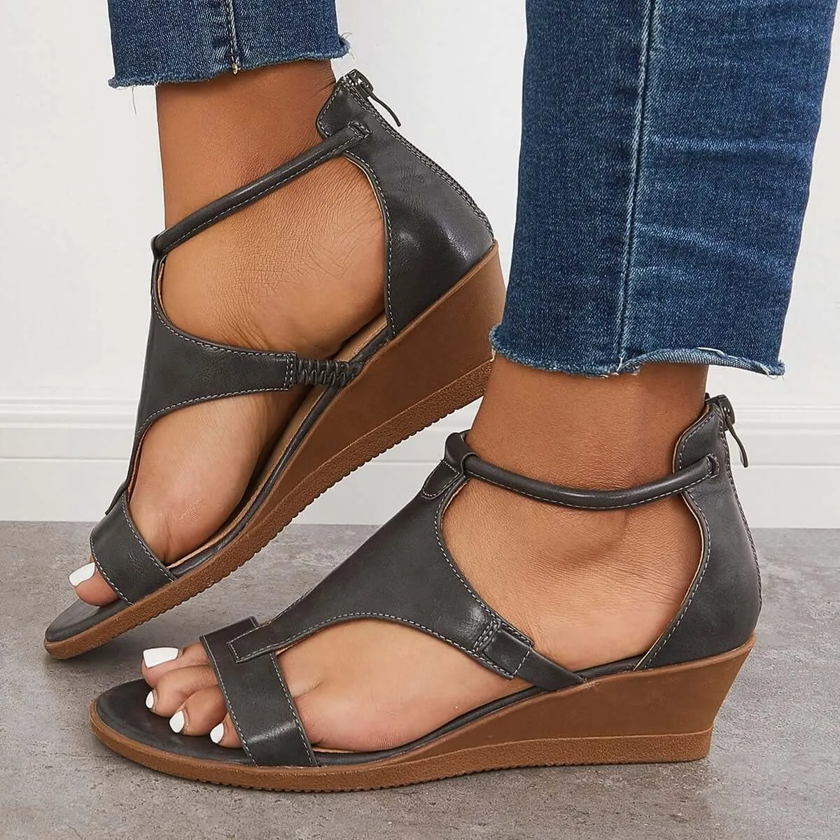 Orthopedic Low Wedge Sandals Back Zipper Ankle Strap Shoes