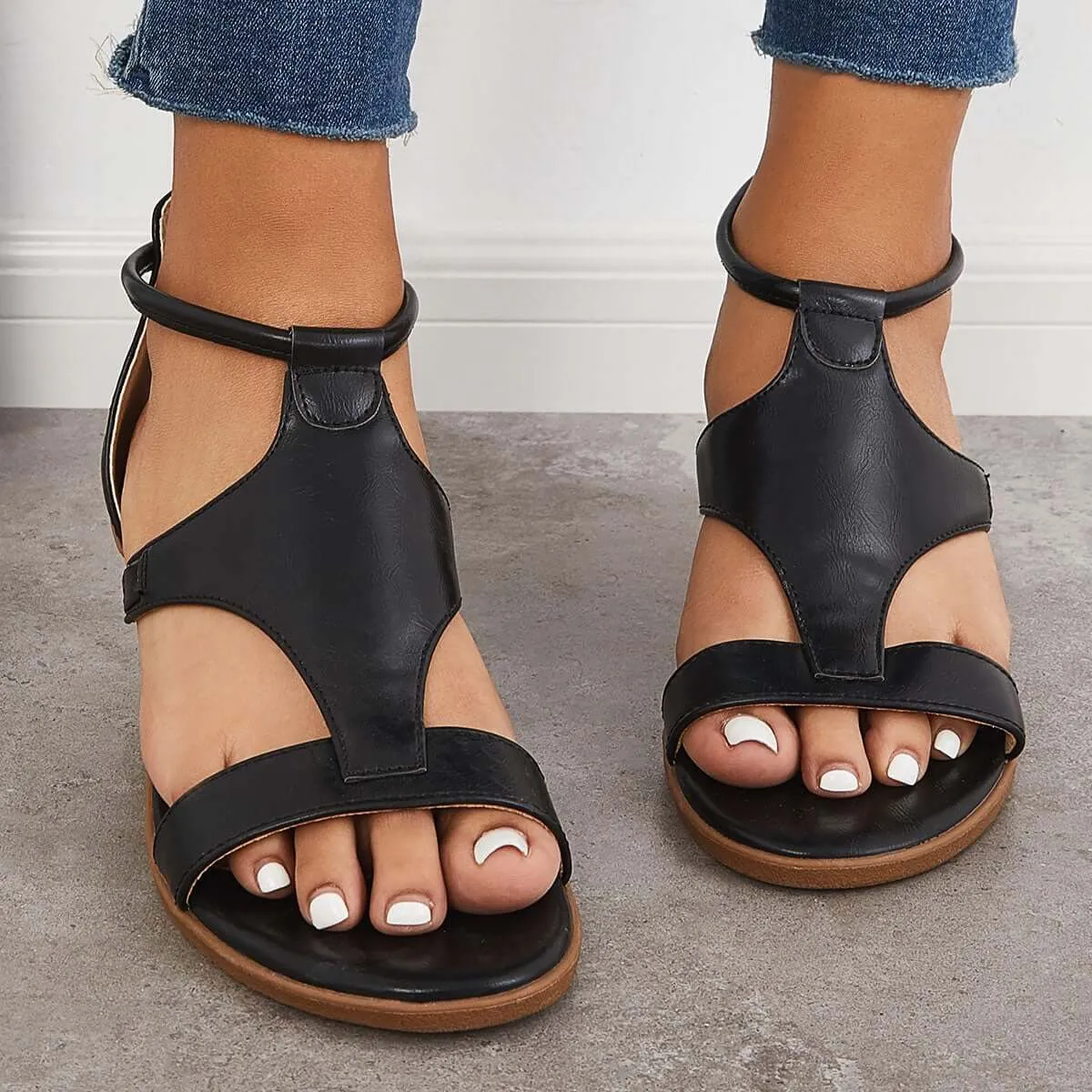 Orthopedic Low Wedge Sandals Back Zipper Ankle Strap Shoes