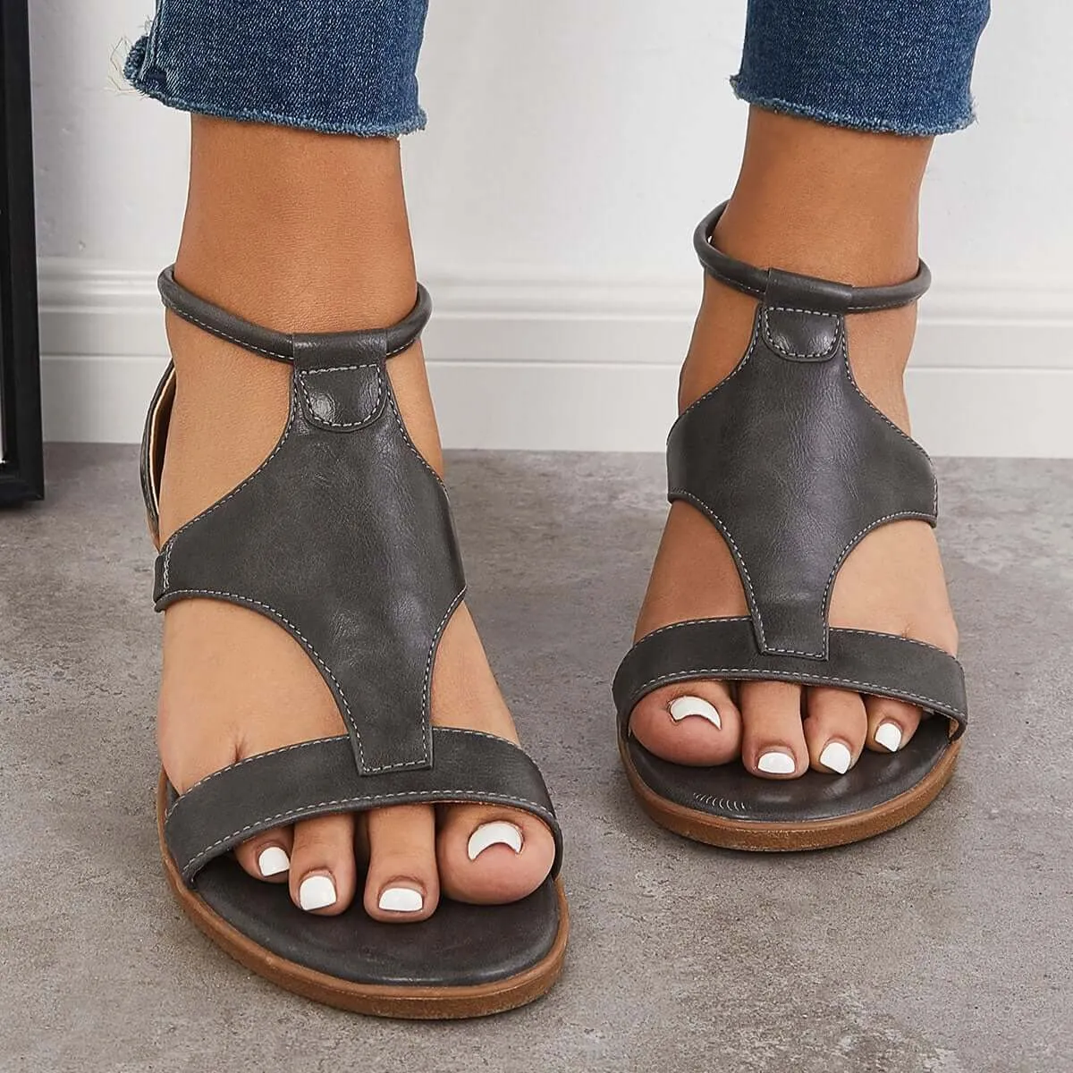 Orthopedic Low Wedge Sandals Back Zipper Ankle Strap Shoes