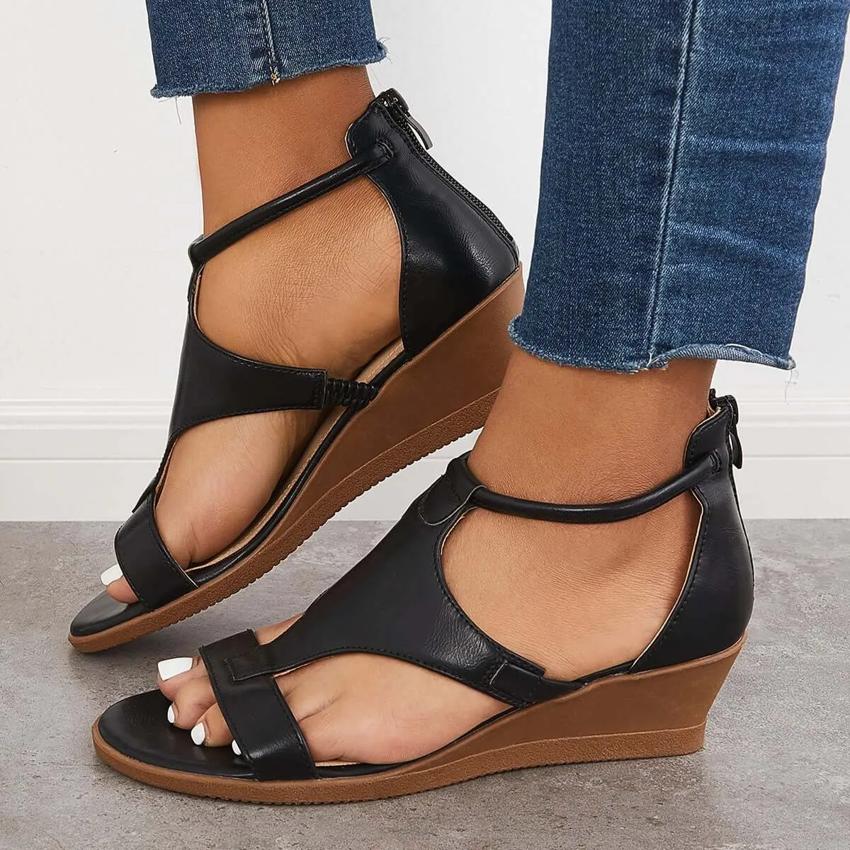 Orthopedic Low Wedge Sandals Back Zipper Ankle Strap Shoes