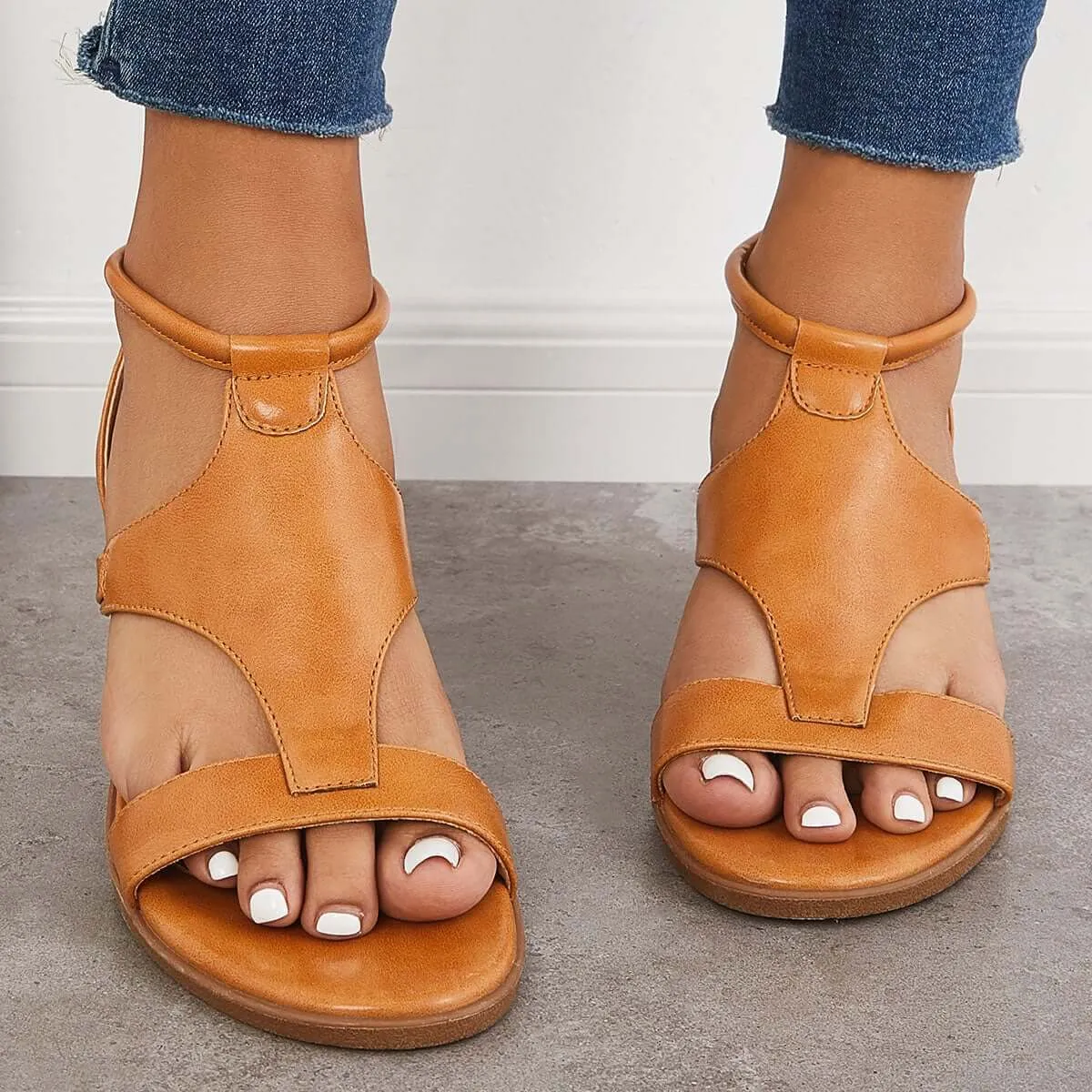 Orthopedic Low Wedge Sandals Back Zipper Ankle Strap Shoes