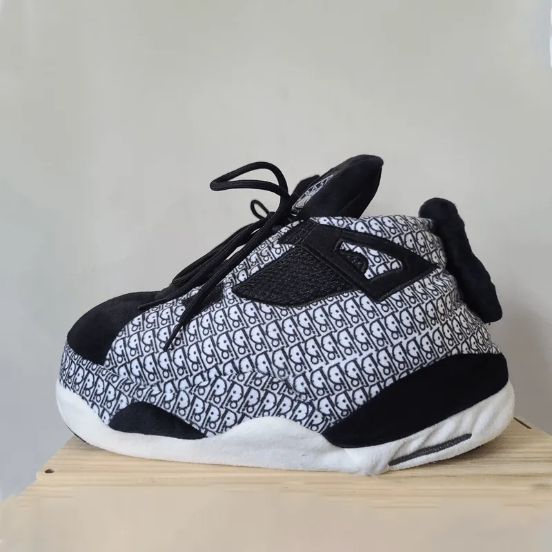 Patterned Black White Plush Slippers – Soft and Stylish Comfort