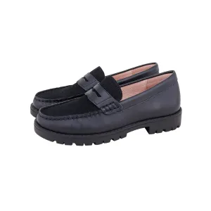 Perroquet Girls Lug Sole Leather Loafers with Corduroy  - Black