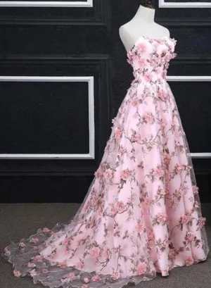 Pink Floral Lace Sweetheart Long Party Dress, A-line wedding Party Dress