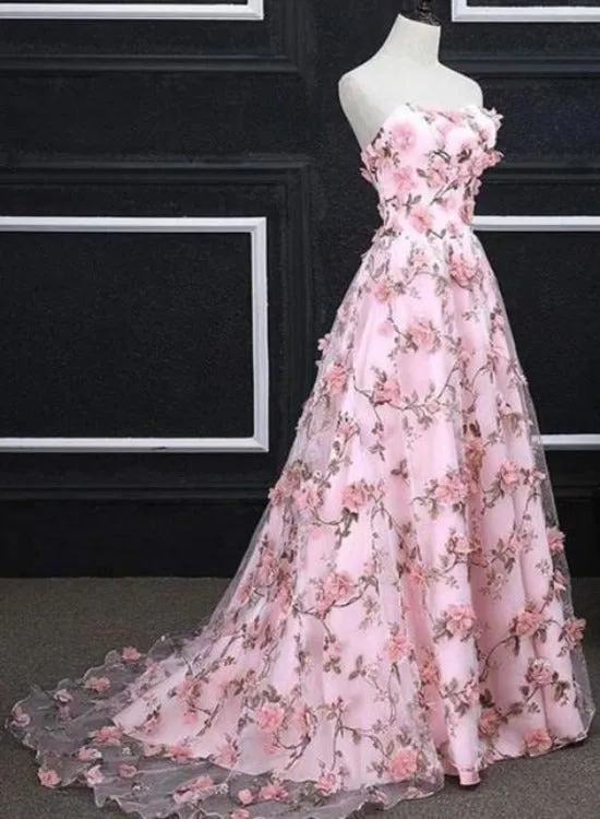 Pink Floral Lace Sweetheart Long Party Dress, A-line wedding Party Dress