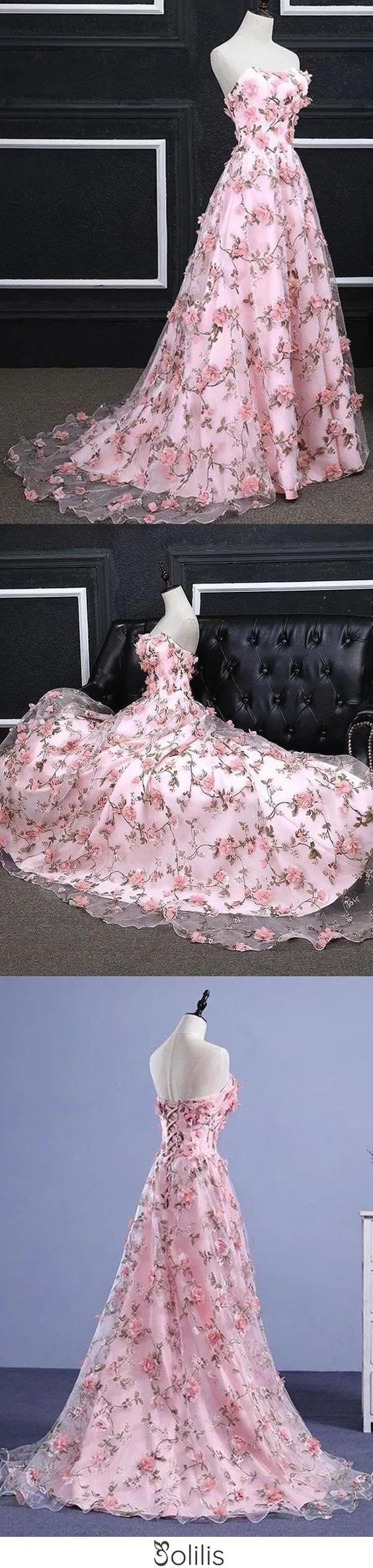 Pink Floral Lace Sweetheart Long Party Dress, A-line wedding Party Dress