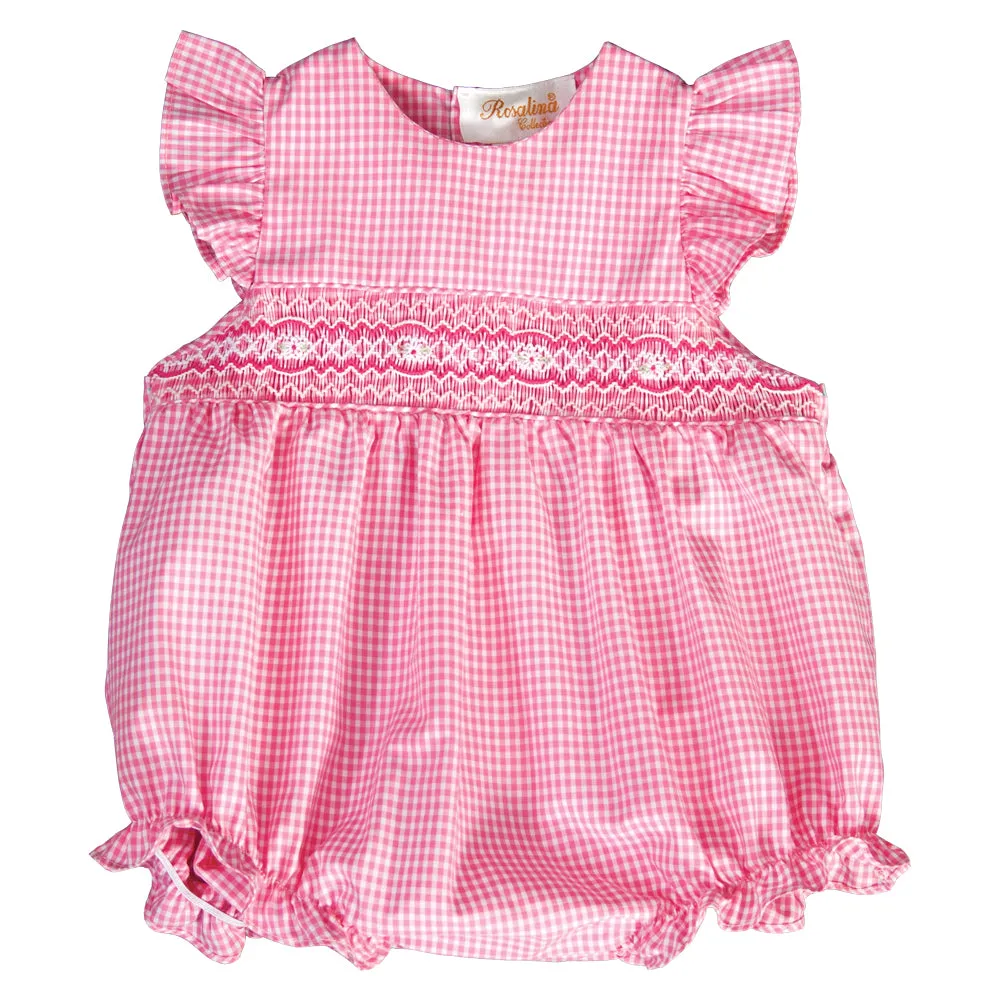 Pink Gingham English Smocked Girl Bubble with Flutter Sleeves