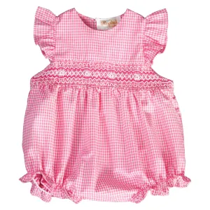 Pink Gingham English Smocked Girl Bubble with Flutter Sleeves