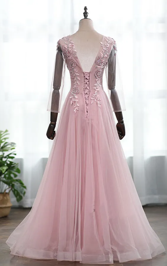 Pink Lace Floral Tulle Long Sleeves A-line Evening Dress, Pink Prom Dress Party Dress