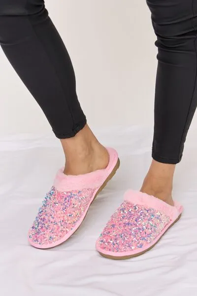 Pink Sequin Plush Round Toe Slippers
