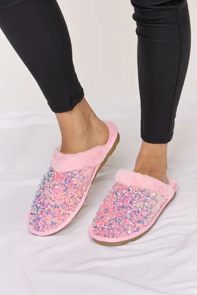 Pink Sequin Plush Round Toe Slippers