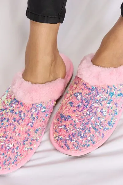 Pink Sequin Plush Round Toe Slippers