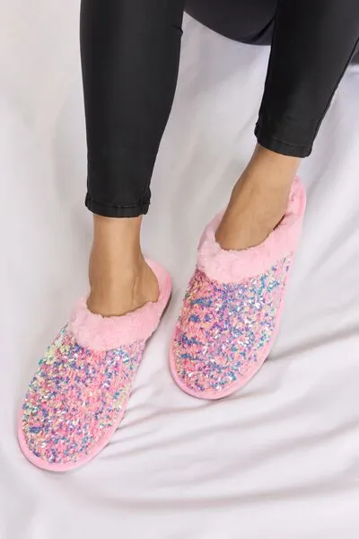 Pink Sequin Plush Round Toe Slippers