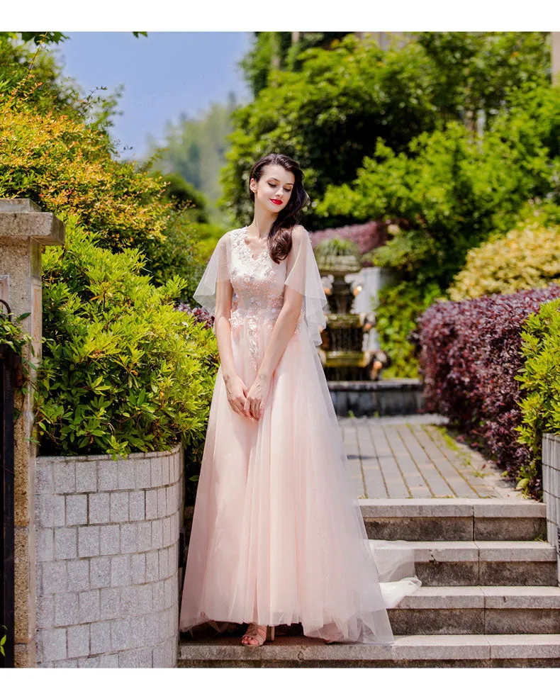 Pink Tulle Flower Lace V-neckline Floor Length Party Dresses, Lovely Pink Prom Dress