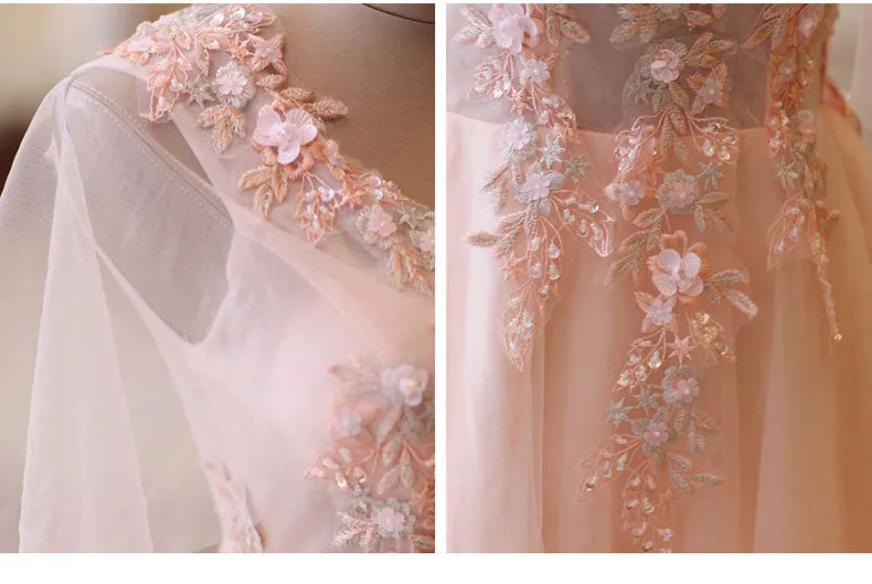 Pink Tulle Flower Lace V-neckline Floor Length Party Dresses, Lovely Pink Prom Dress