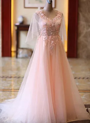 Pink Tulle Flower Lace V-neckline Floor Length Party Dresses, Lovely Pink Prom Dress